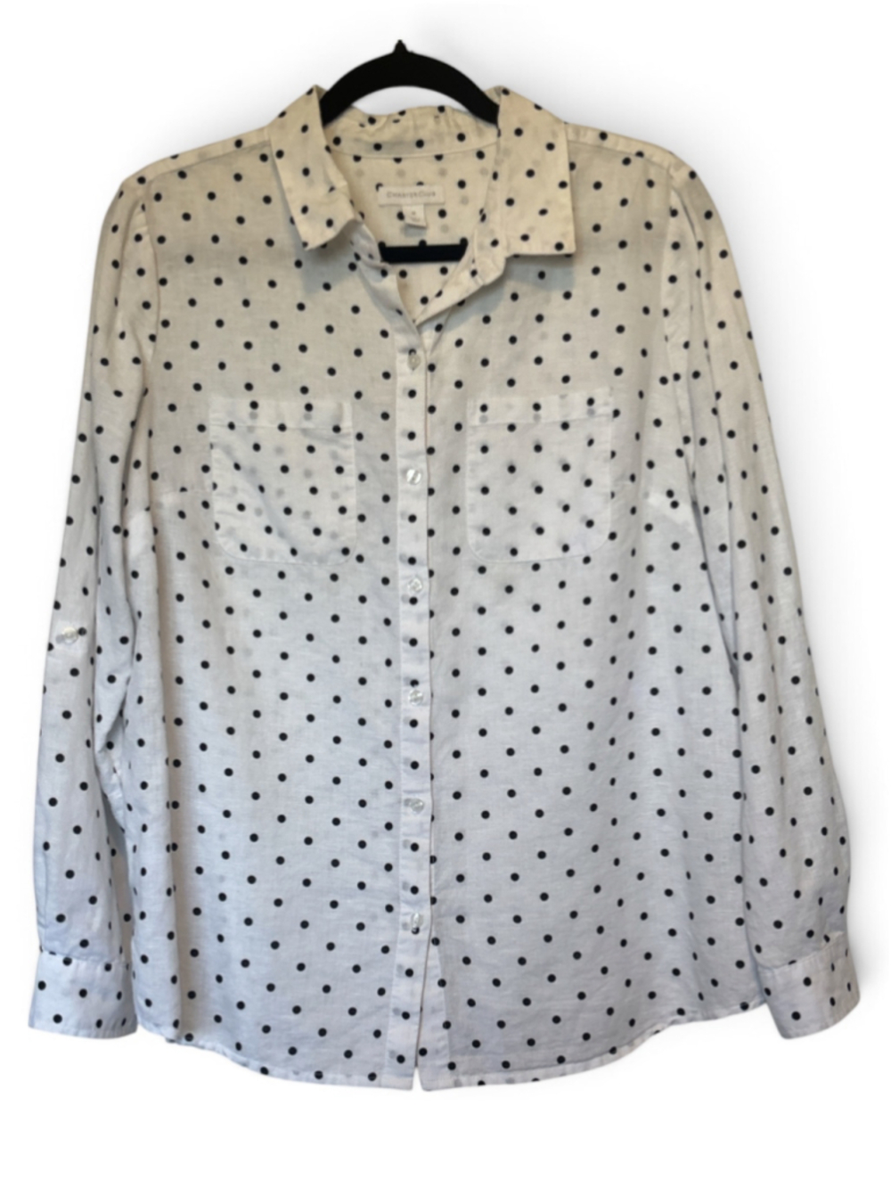 Charter Club Button Down Shirt Size M White Black Polka Dot
